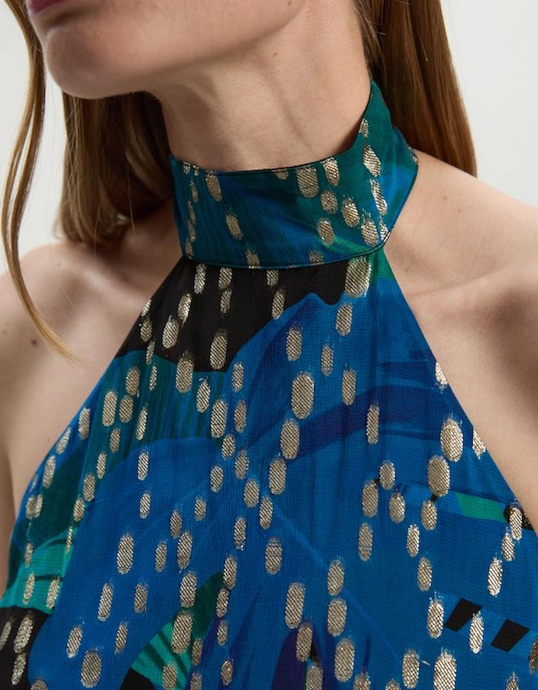 Viscose Metallic Palm Print Halter Neck Top