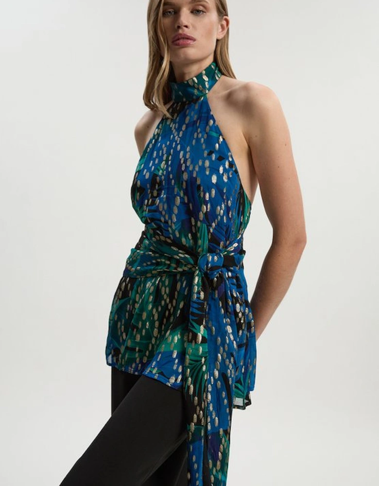 Viscose Metallic Palm Print Halter Neck Top