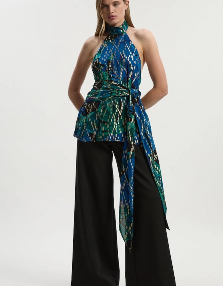 Viscose Metallic Palm Print Halter Neck Top