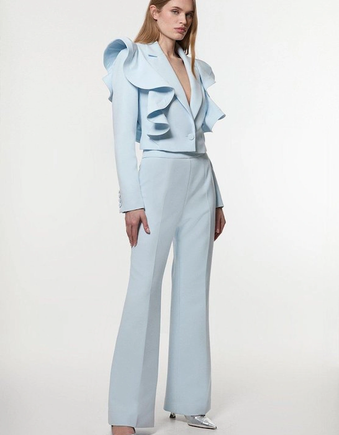 Drama Ruffle Tailored Single Breasted Cropped Blazer
