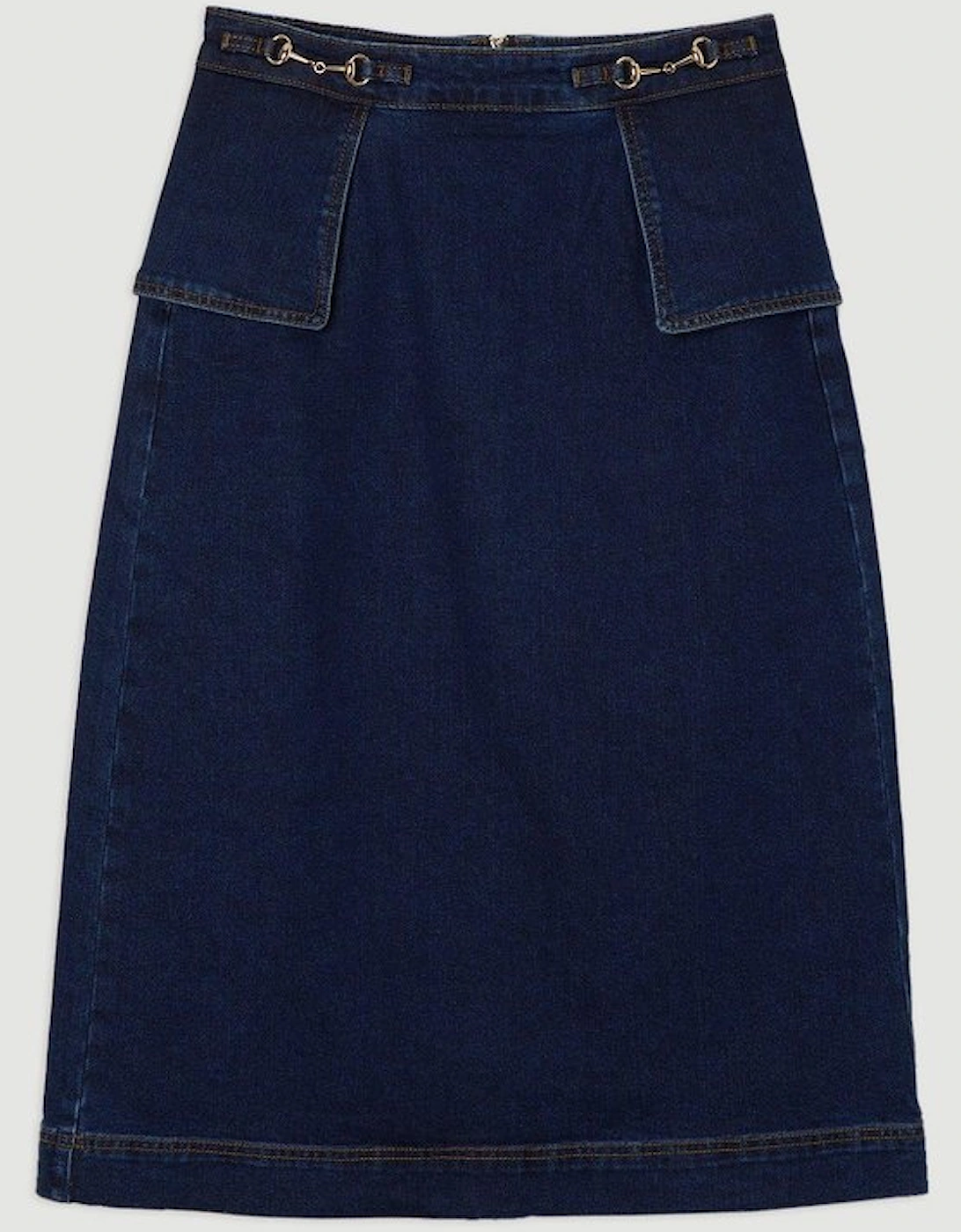 Stretch Denim Snaffle Trim Midi Skirt