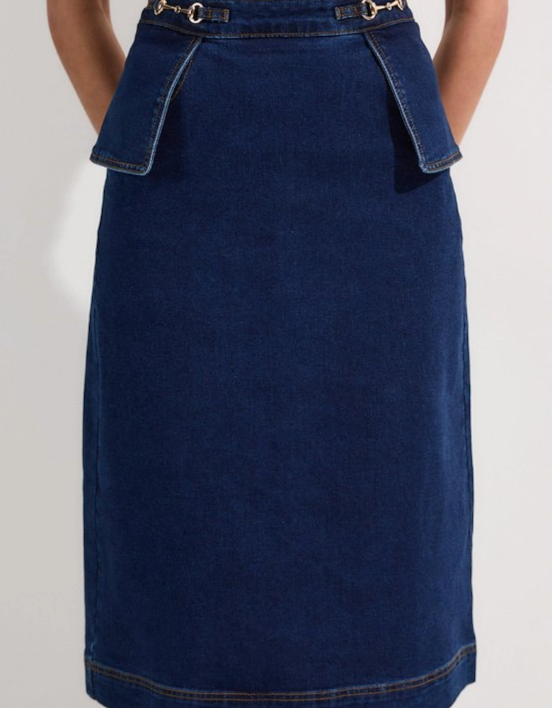 Stretch Denim Snaffle Trim Midi Skirt