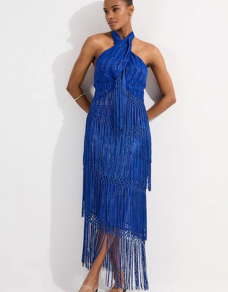 Petite Beach Fringe Halter Neck Woven Dress