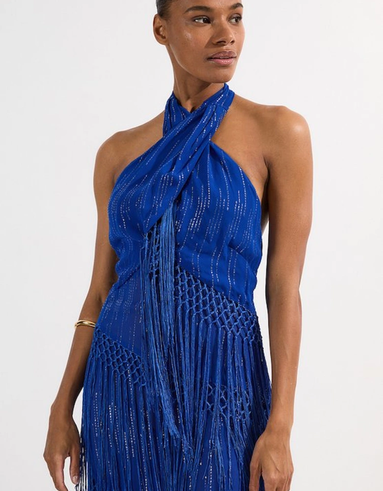 Petite Beach Fringe Halter Neck Woven Dress
