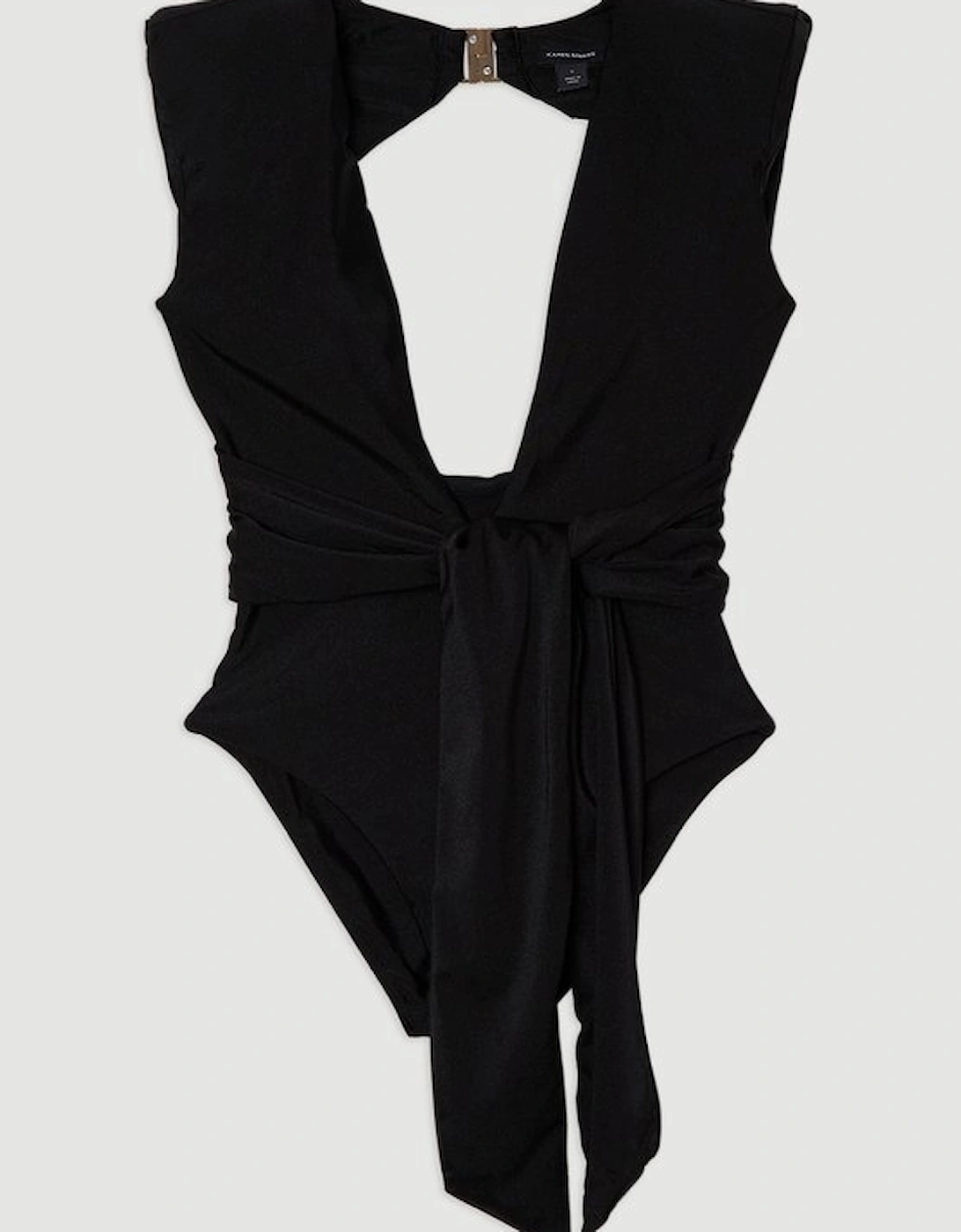 Wet Look Power Shoulder Plunge Detail Swimsuit