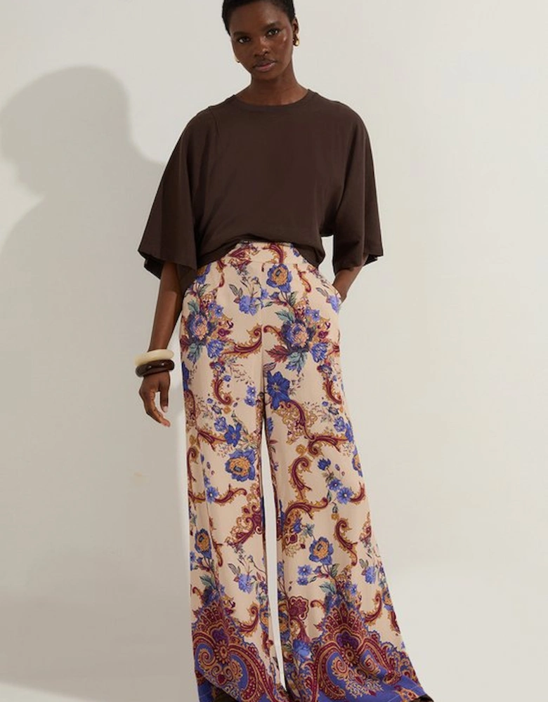 Premium Viscose Linen Paisley Border Print Woven Wide Leg Trouser