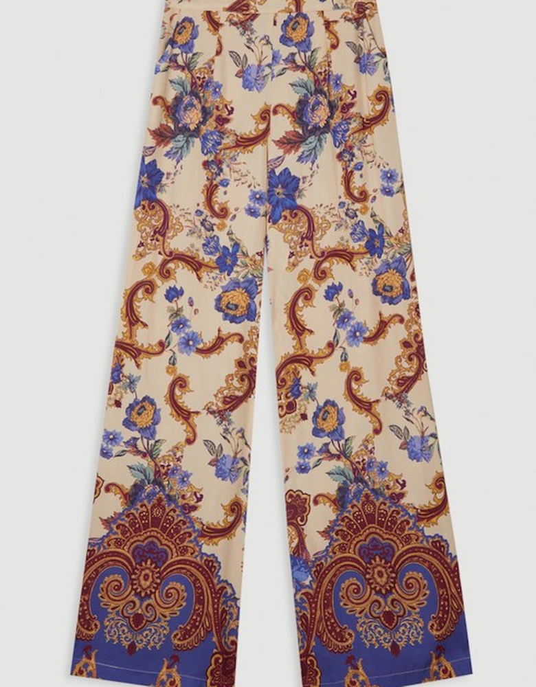 Premium Viscose Linen Paisley Border Print Woven Wide Leg Trouser