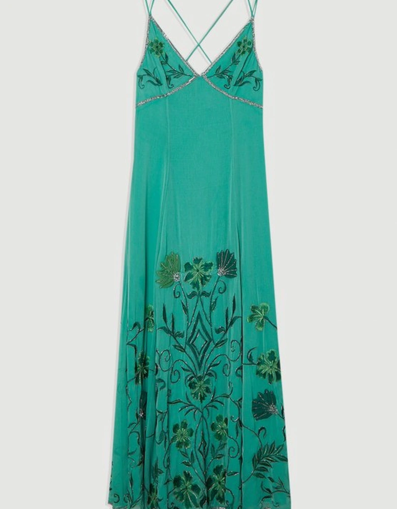 Embroidery Beaded Crinkle Woven Strappy Maxi Dress