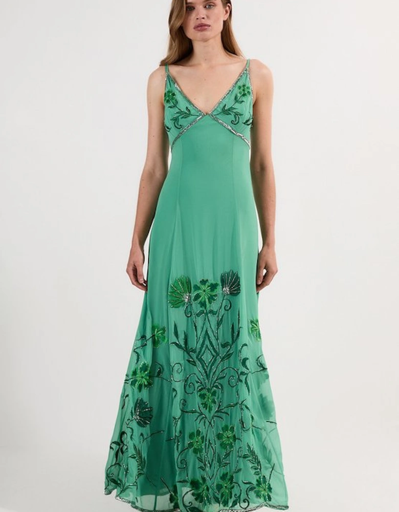 Embroidery Beaded Crinkle Woven Strappy Maxi Dress