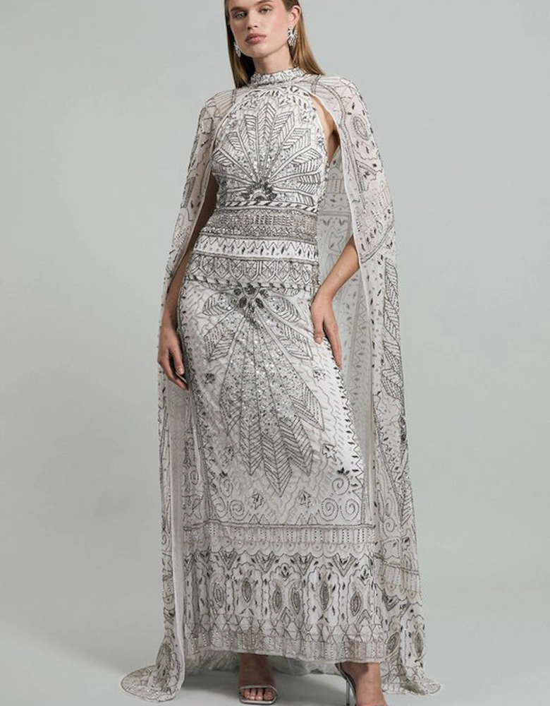 Premium Embellished High Neck Woven Maxi Dress With Cape