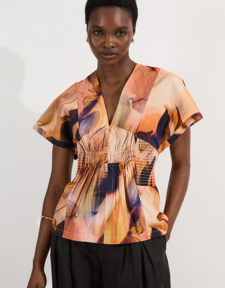 Shirred Cotton Printed Woven Plunge Neck Short Sleeve Top