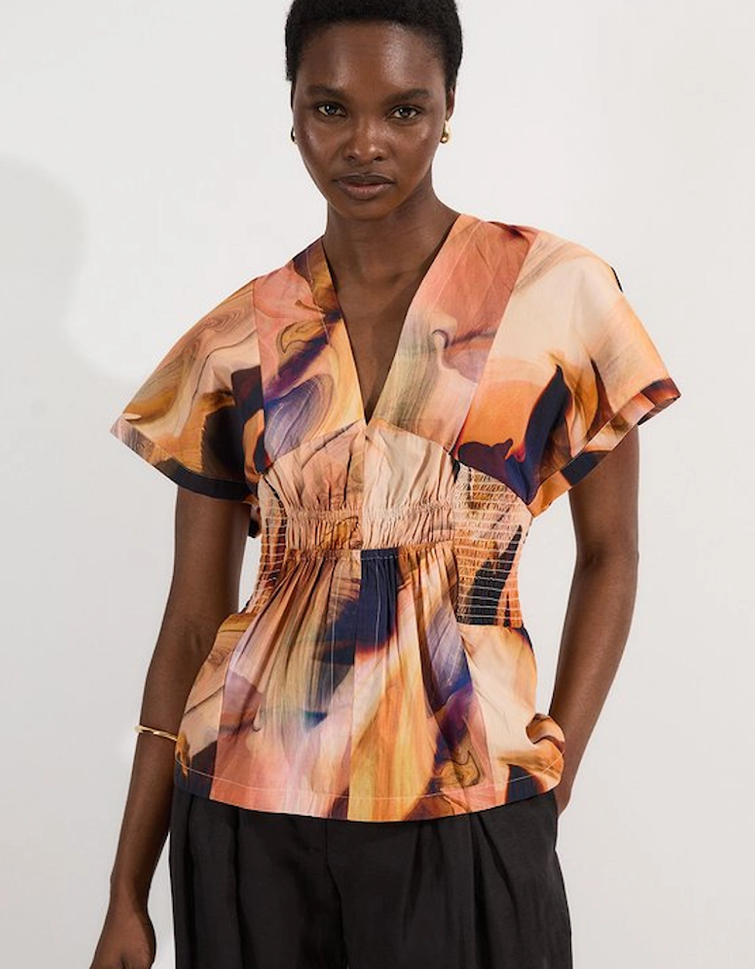 Shirred Cotton Printed Woven Plunge Neck Short Sleeve Top
