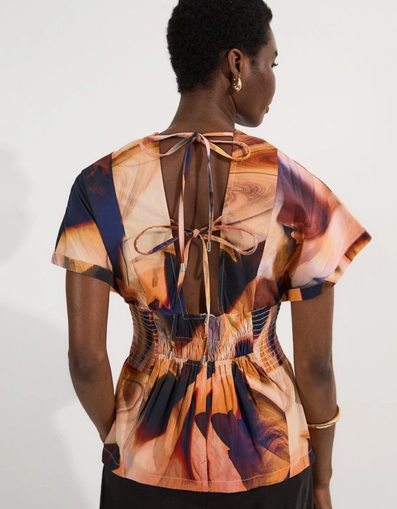Shirred Cotton Printed Woven Plunge Neck Short Sleeve Top