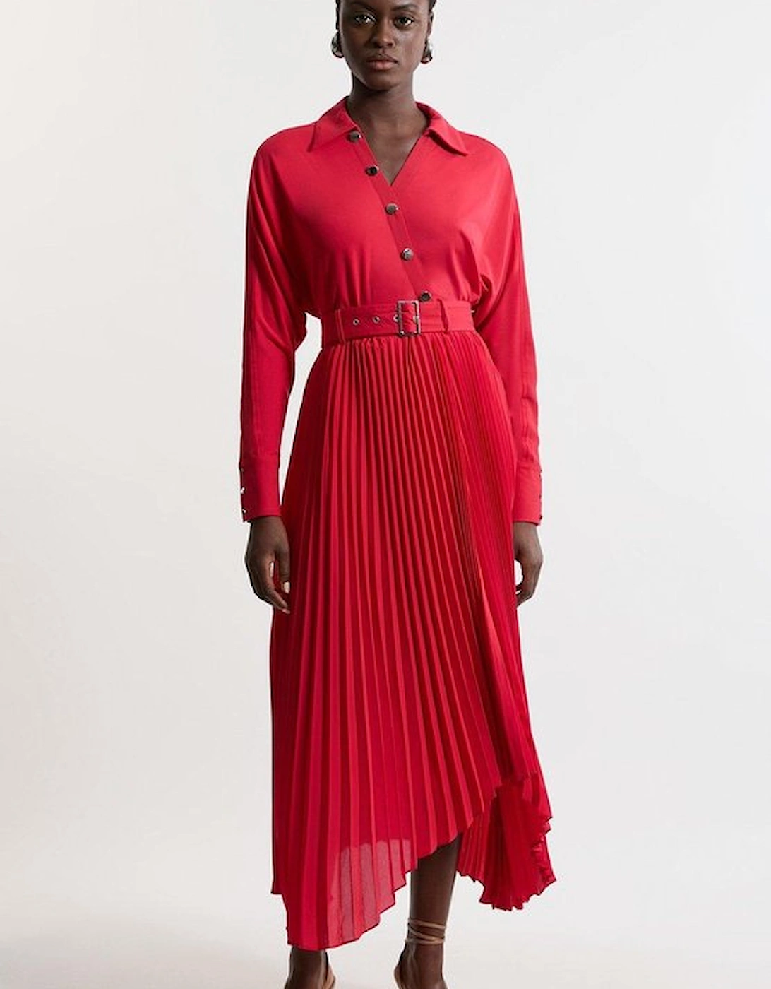 Jersey And Georgette Mix Belted Pleat Midi Dress, 5 of 4