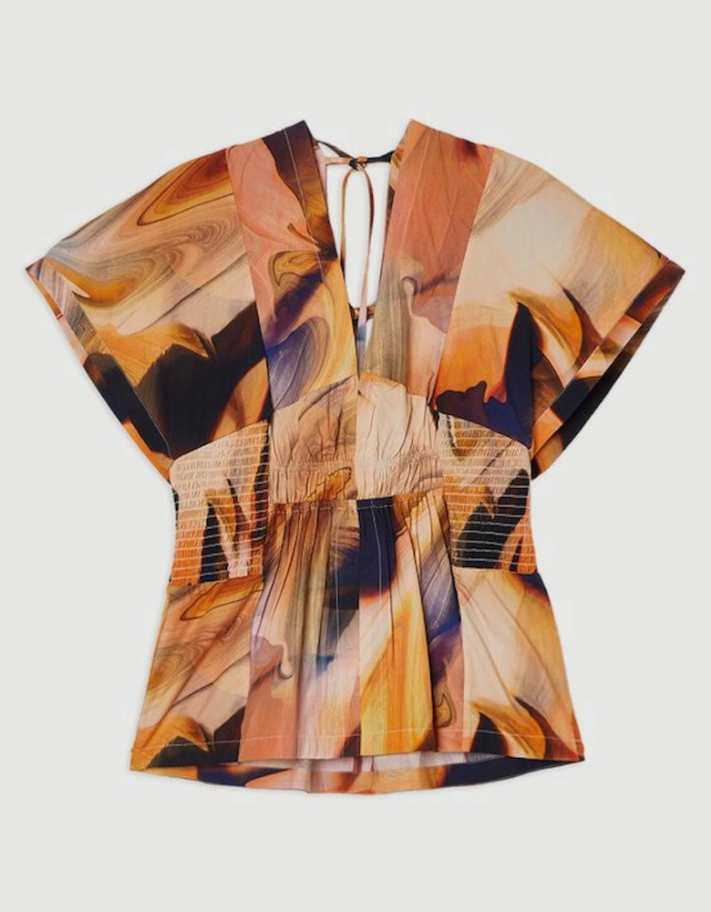 Shirred Cotton Printed Woven Plunge Neck Short Sleeve Top
