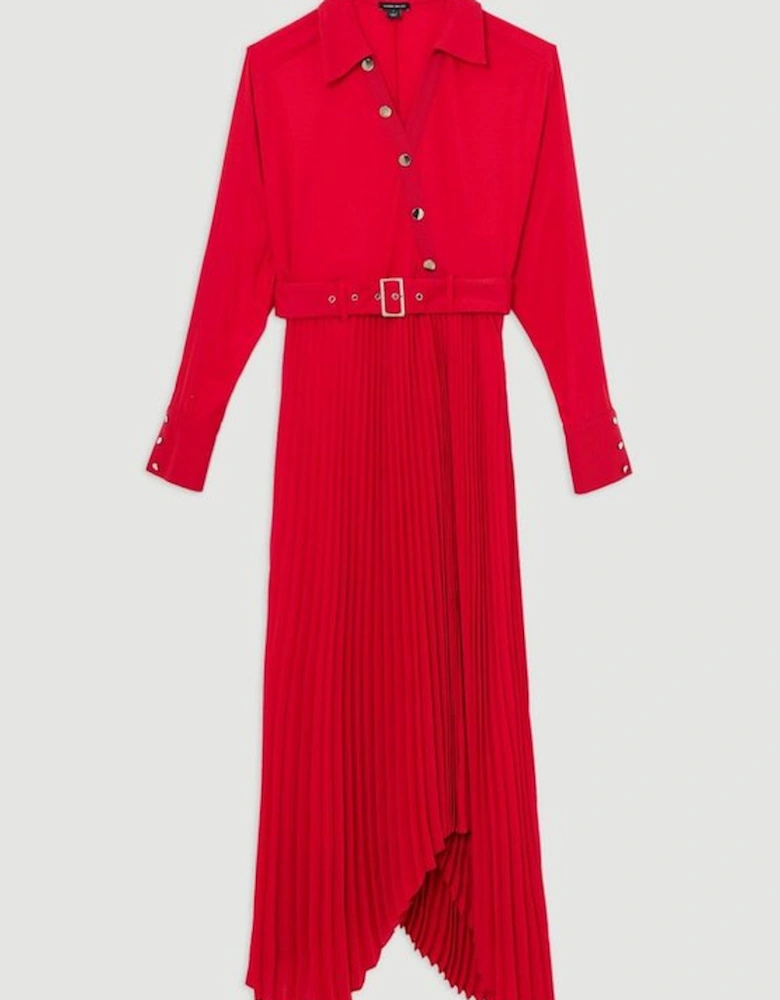 Jersey And Georgette Mix Belted Pleat Midi Dress