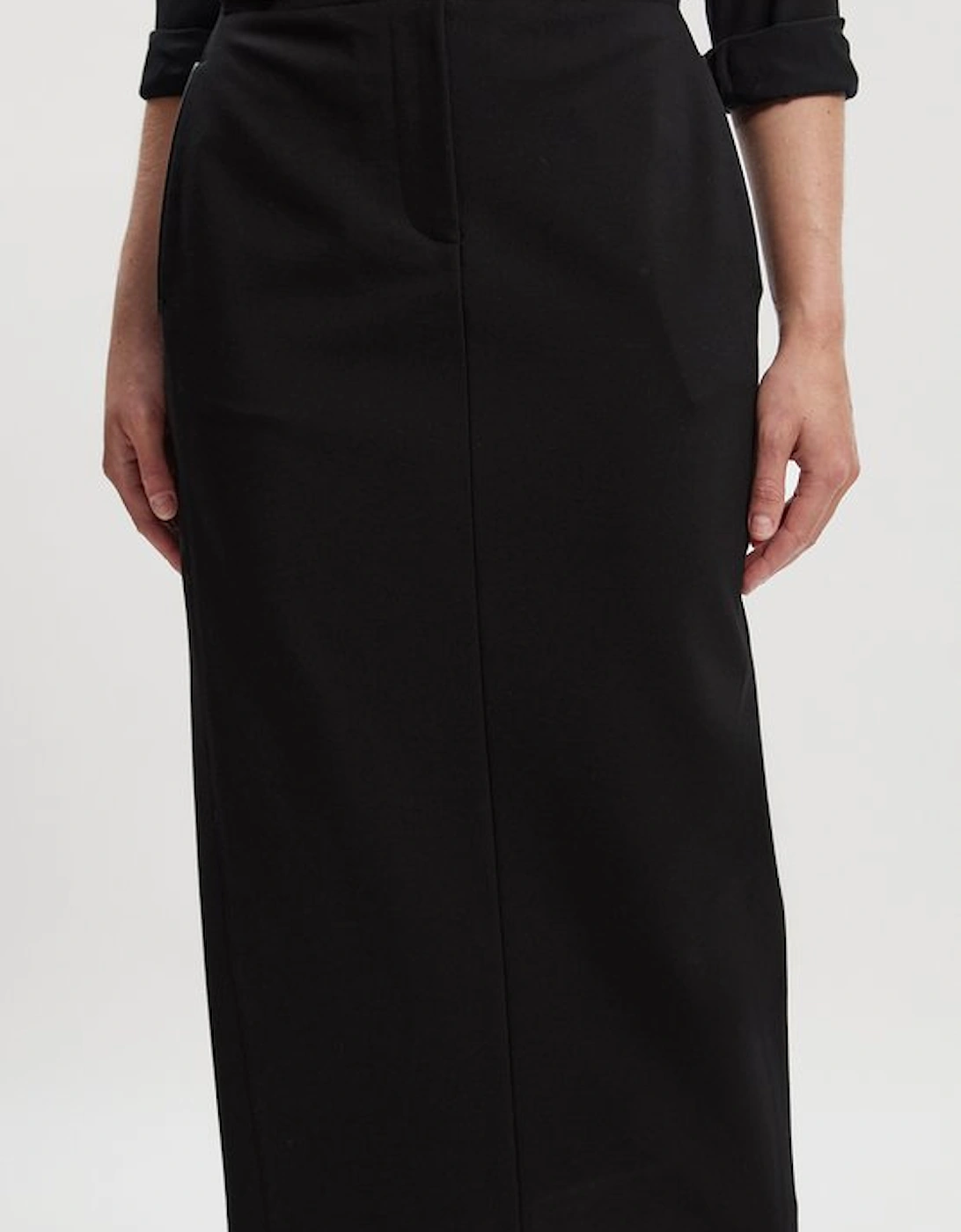Ponte And Pu Mix Tab Detail Tailored Pencil Midi Skirt