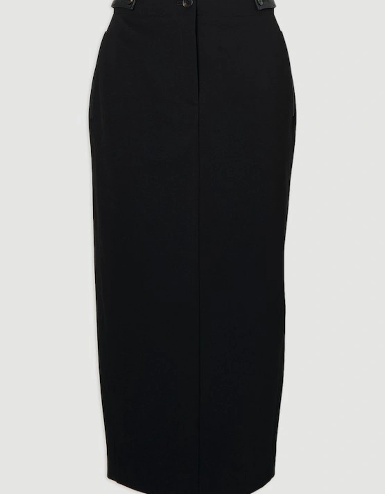 Ponte And Pu Mix Tab Detail Tailored Pencil Midi Skirt