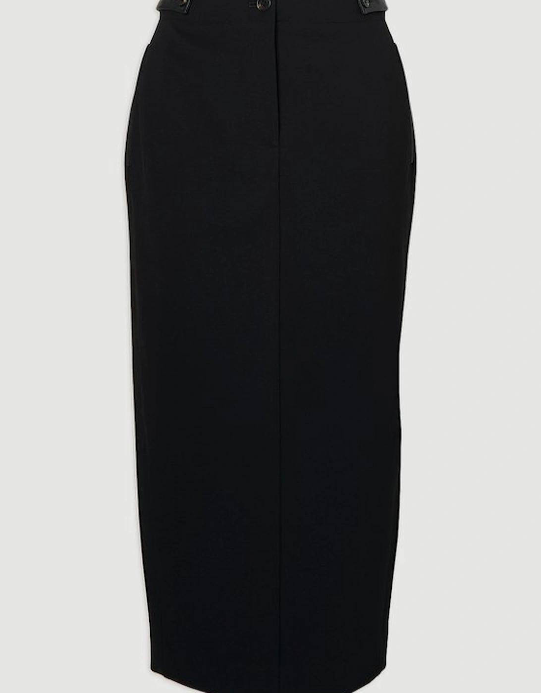 Ponte And Pu Mix Tab Detail Tailored Pencil Midi Skirt