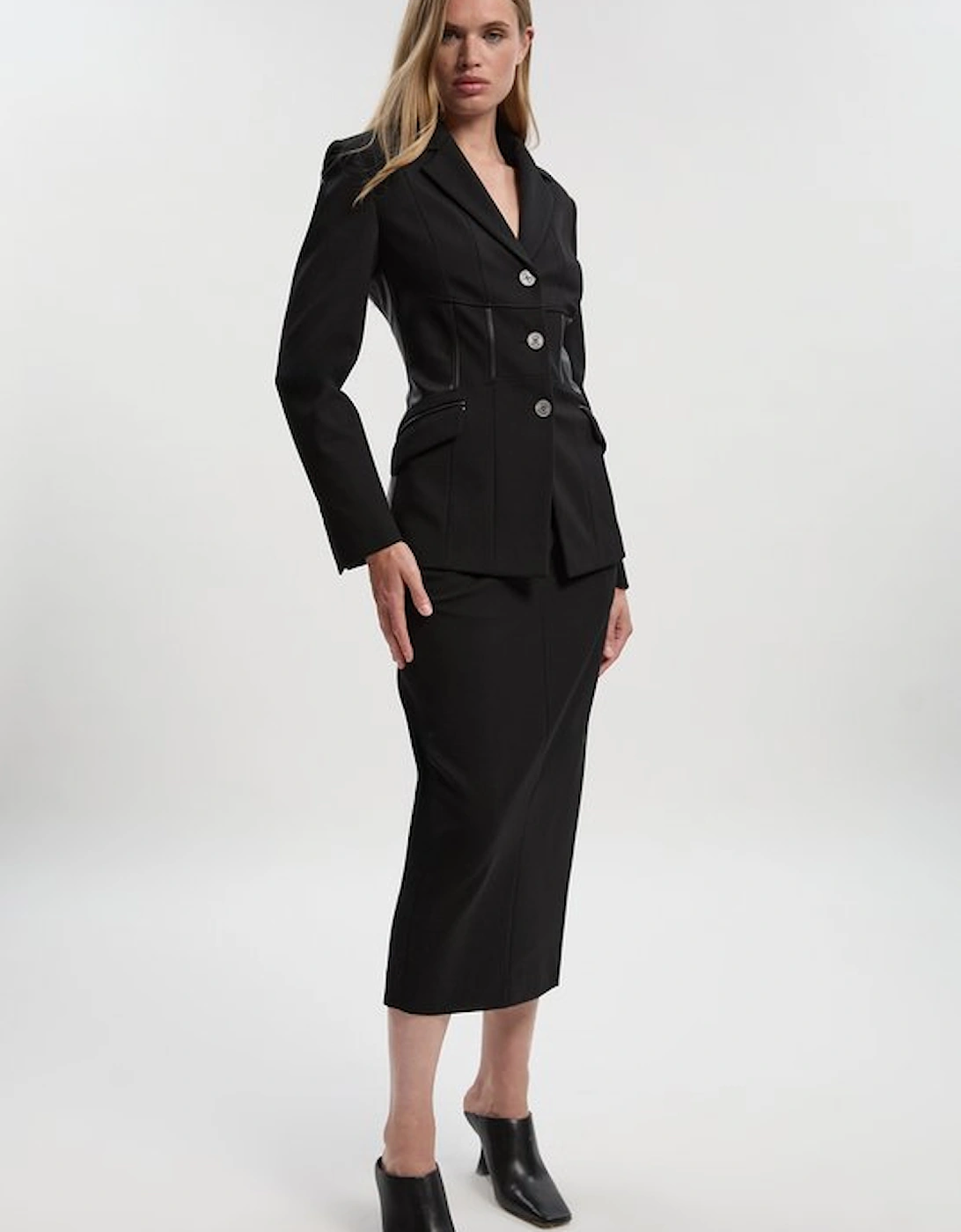 Ponte And Pu Mix Tab Detail Tailored Pencil Midi Skirt