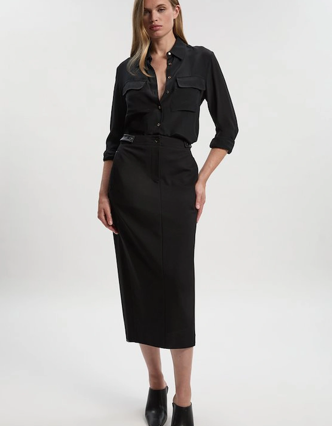 Ponte And Pu Mix Tab Detail Tailored Pencil Midi Skirt, 5 of 4