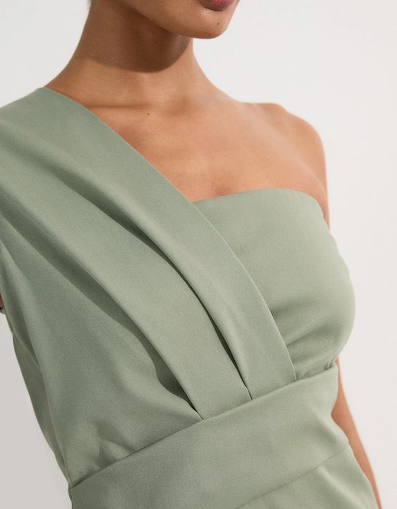 Tailored One Shoulder Tuck Detail Pencil Midi Dress