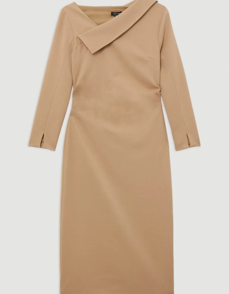 Structured Crepe Tailored Asymmetrical Collared Fitted Maxi Dress