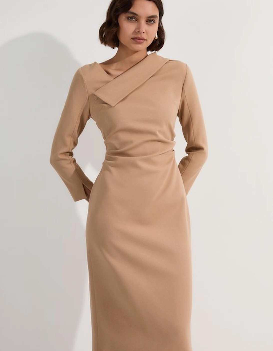 Structured Crepe Tailored Asymmetrical Collared Fitted Maxi Dress, 5 of 4