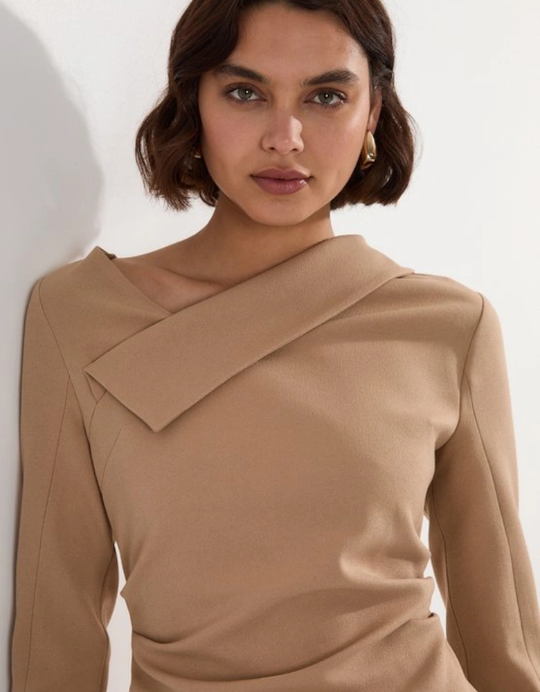 Structured Crepe Tailored Asymmetrical Collared Fitted Maxi Dress