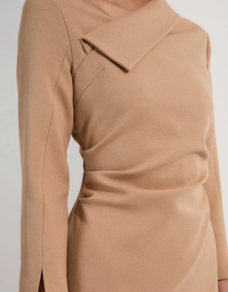 Structured Crepe Tailored Asymmetrical Collared Fitted Maxi Dress