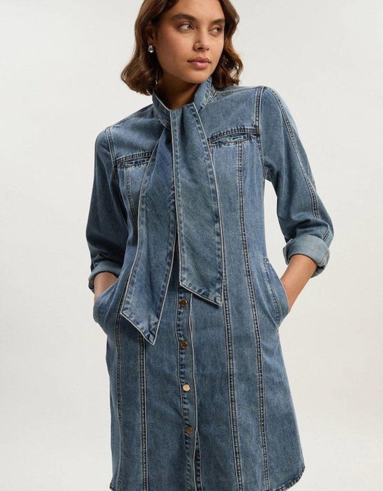 Petite Denim Pussy Bow Shirt Dress