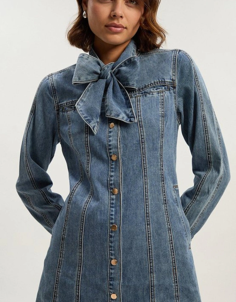 Petite Denim Pussy Bow Shirt Dress