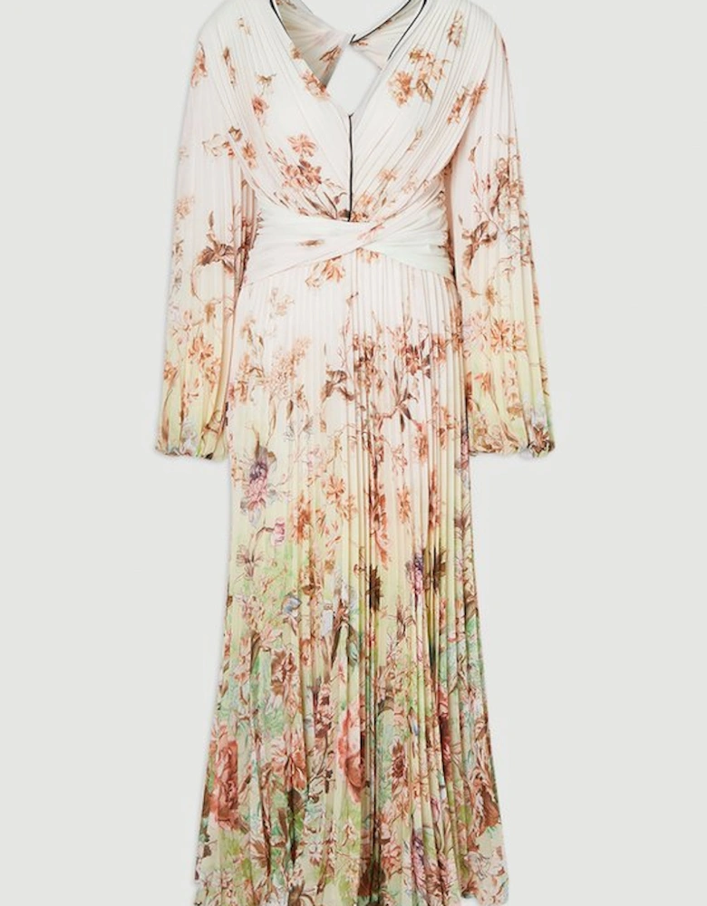 Scattered Floral Balloon Sleeve Pleated Crinkle Cut Out Woven Maxi Dress