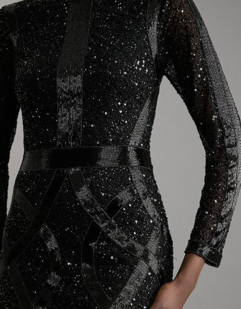 Embellished Beaded High Neck Woven Mini Dress