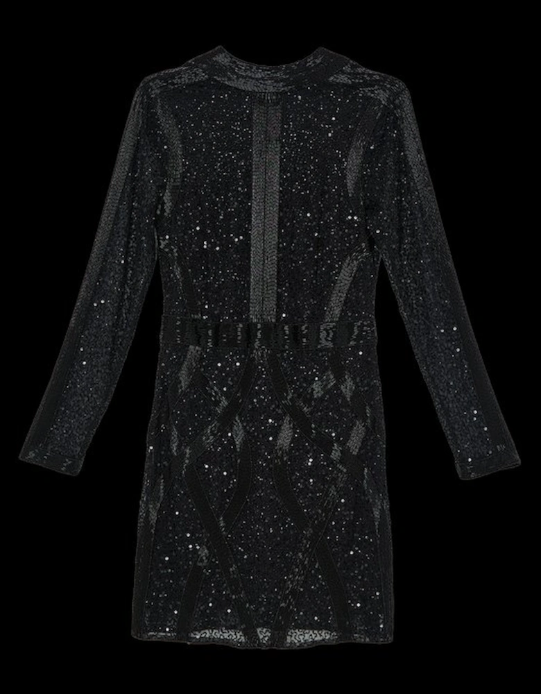 Embellished Beaded High Neck Woven Mini Dress
