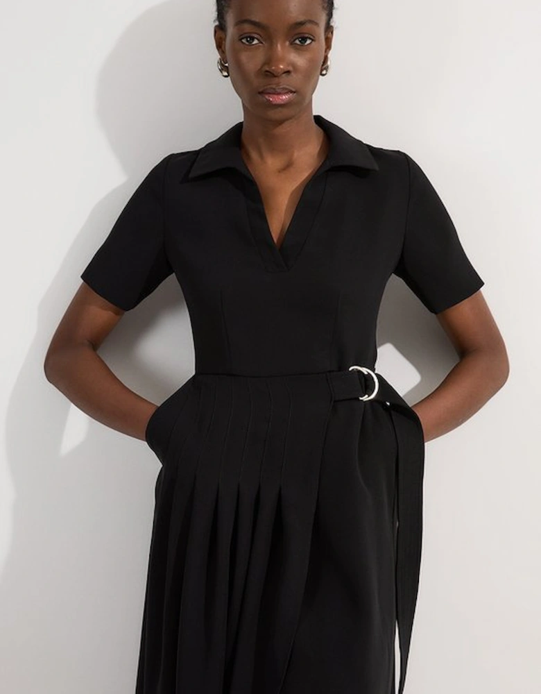 Soft Tailored Pleated Belted Midi Dress