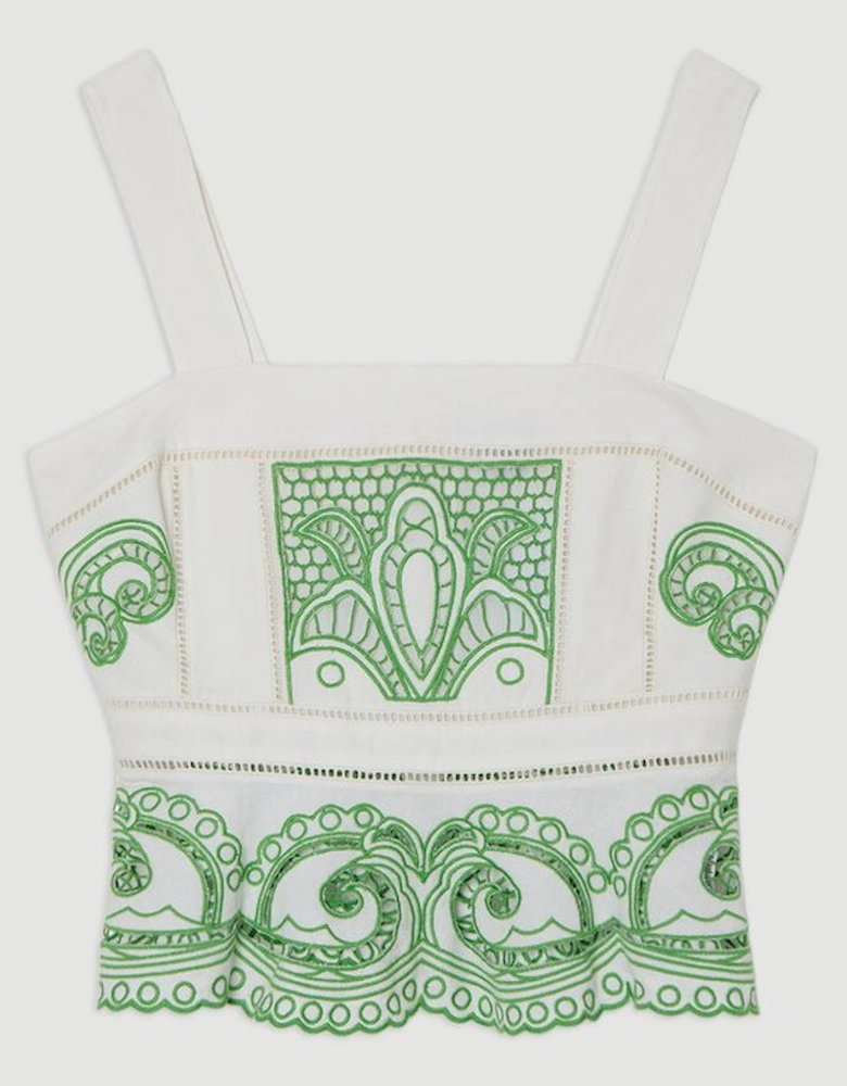 Cutwork Embroidered Ruffle Woven Strappy Top