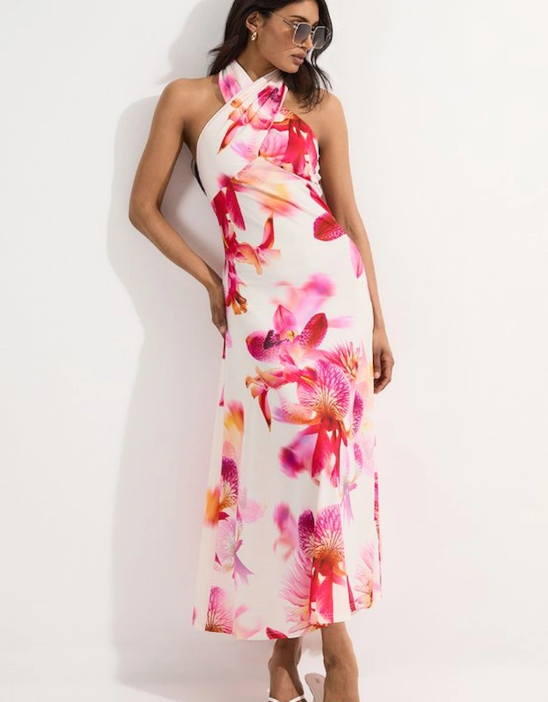 Abstract Floral Printed Jersey Crepe Twist Neckline Maxi Dress