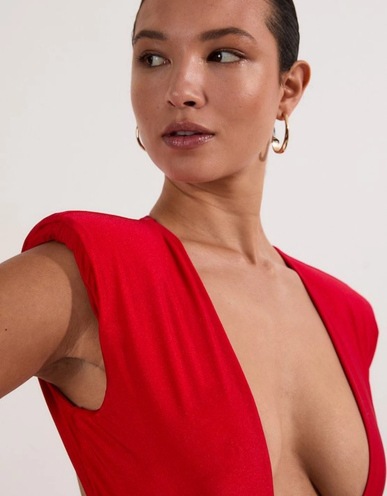 Wet Look Power Shoulder Plunge Detail Swimsuit