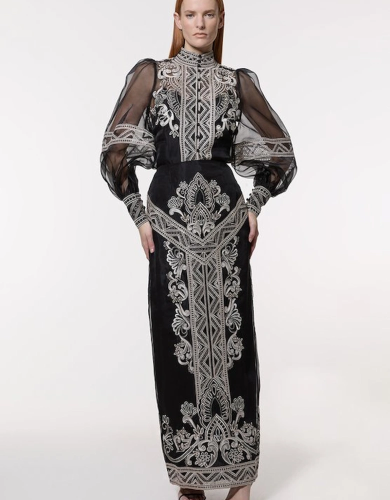 Embroidered Organdie Woven Midi Skirt