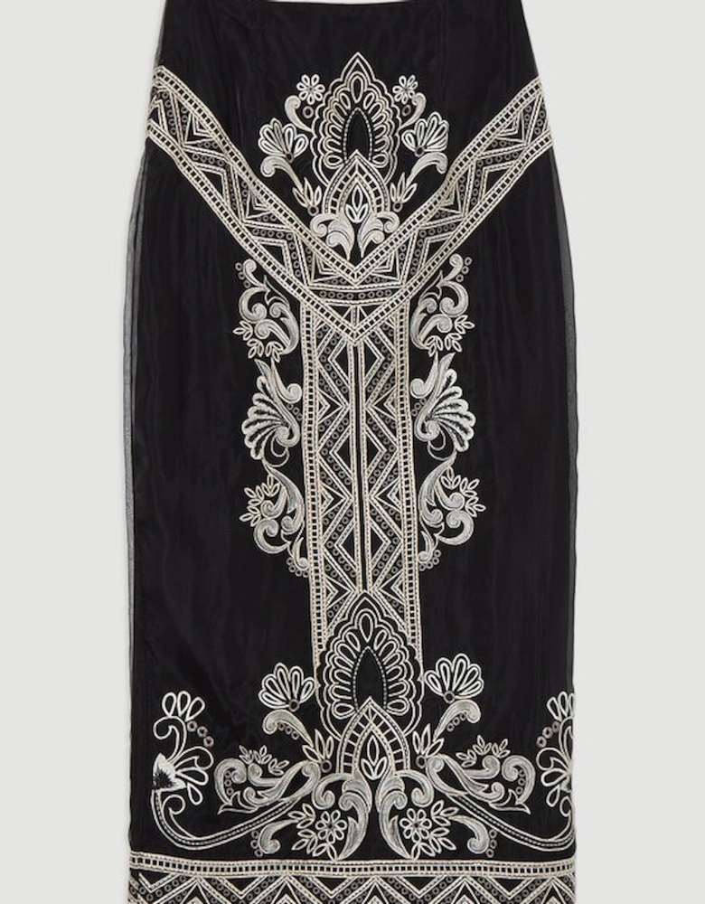 Embroidered Organdie Woven Midi Skirt