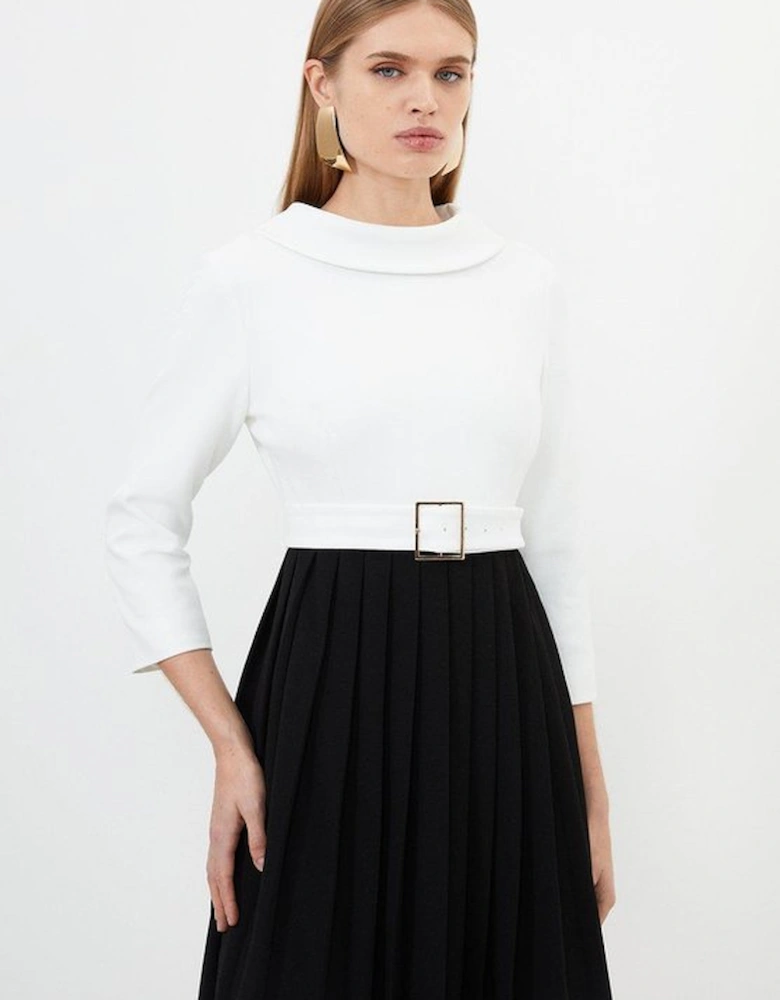 Tailored Structured Crepe Roll Neck Pleated Midi Dress