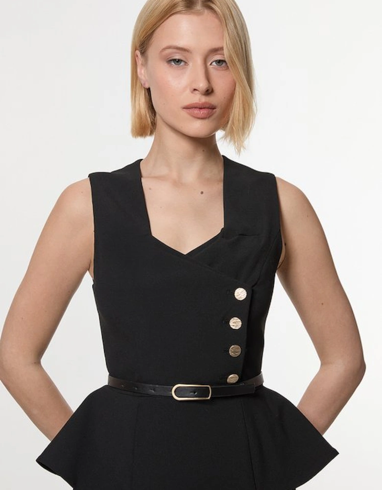 Compact Stretch Belted Peplum Detail Full Skirted Midi Dress