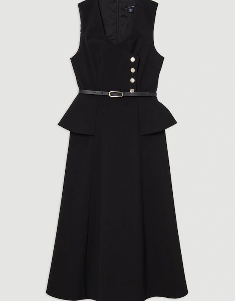 Compact Stretch Belted Peplum Detail Full Skirted Midi Dress
