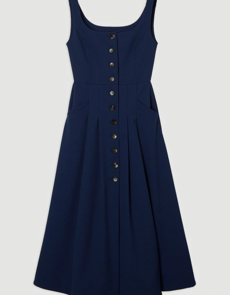 Tailored Textured Button Though Strappy Full Midi Dress