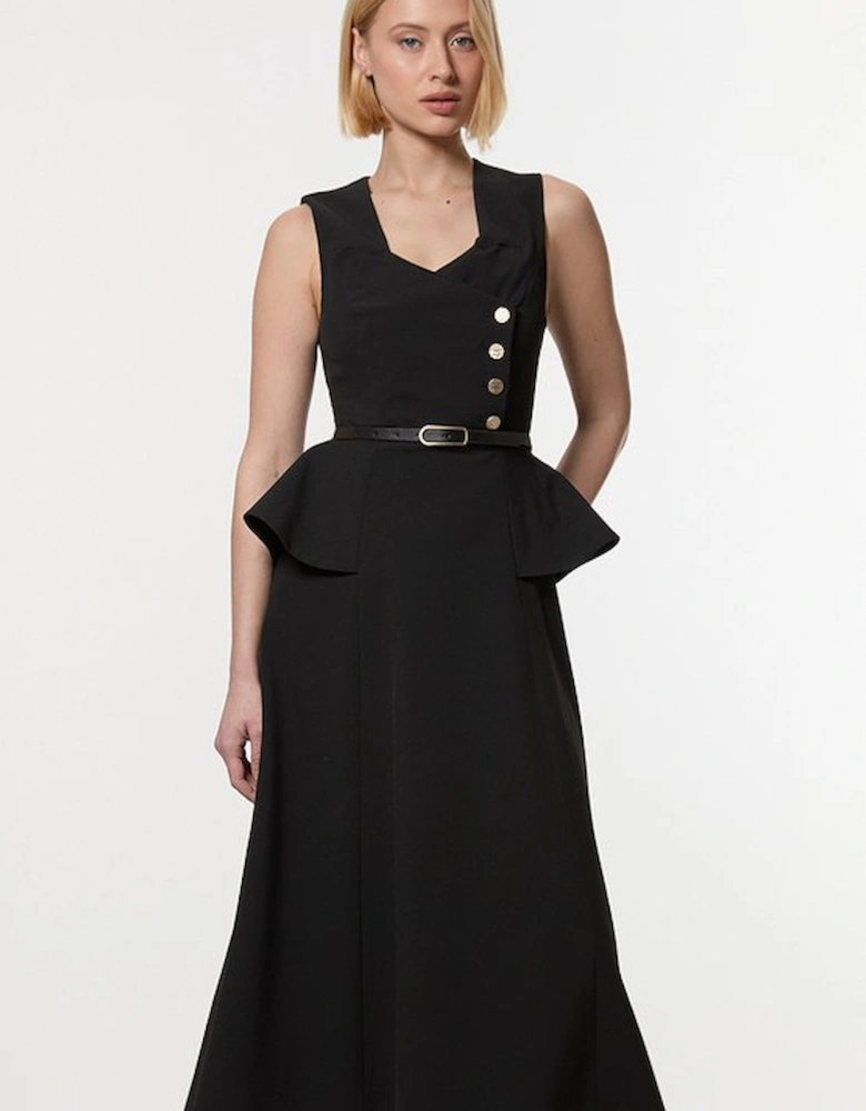 Compact Stretch Belted Peplum Detail Full Skirted Midi Dress