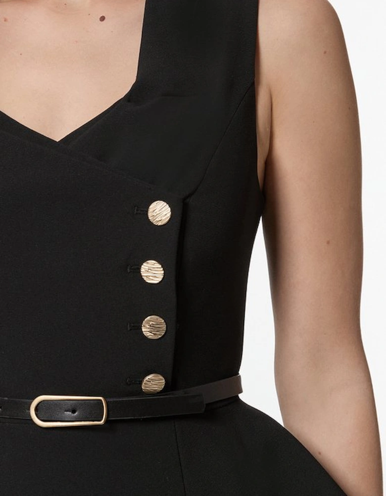 Compact Stretch Belted Peplum Detail Full Skirted Midi Dress