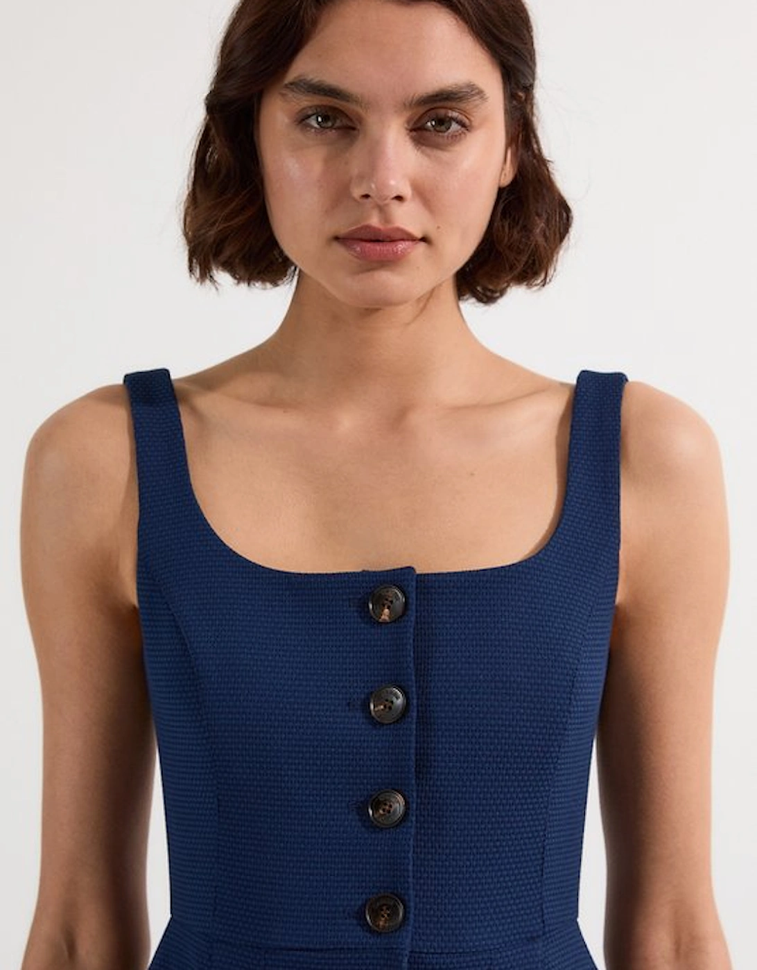 Tailored Textured Button Though Strappy Full Midi Dress