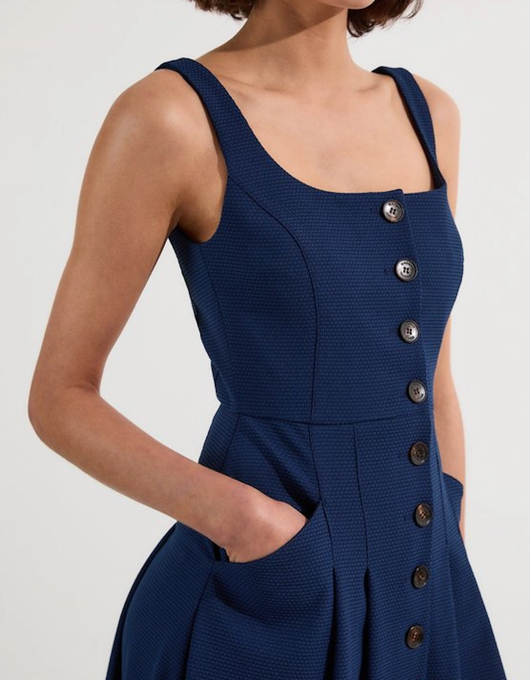Tailored Textured Button Though Strappy Full Midi Dress