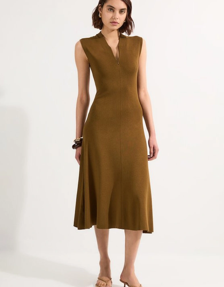Viscose Blend Zip Front Sleeveless Knitted Midi Dress